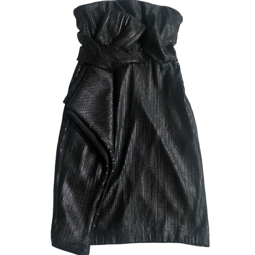 HALSTON HERITAGE NWT Strapless All Over Sequin Dress Bow Detail Matte Black Sz 2 - Picture 3 of 10